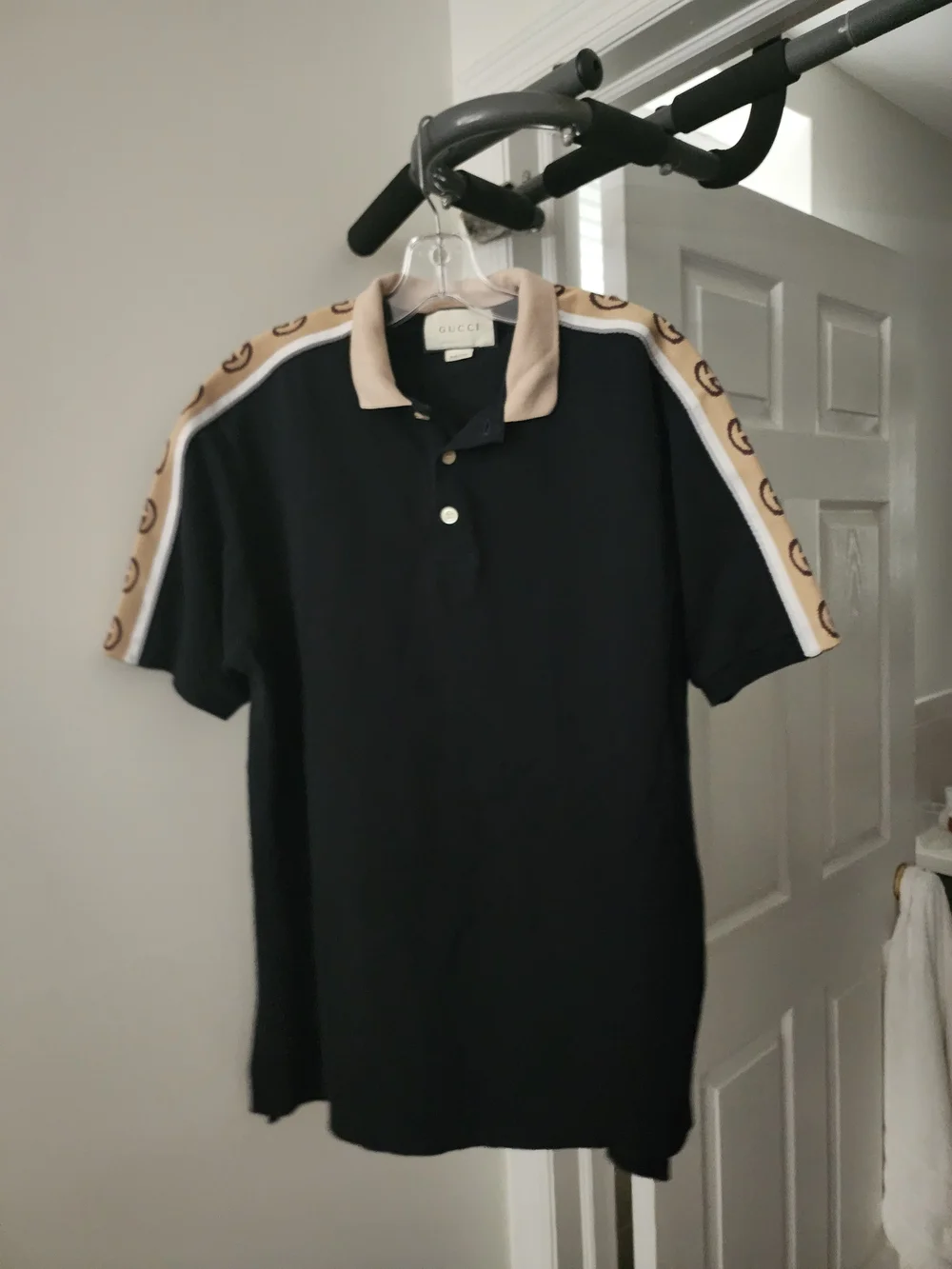 Gucci Black Polo with Beige Collar and Logo Shoulder Tape